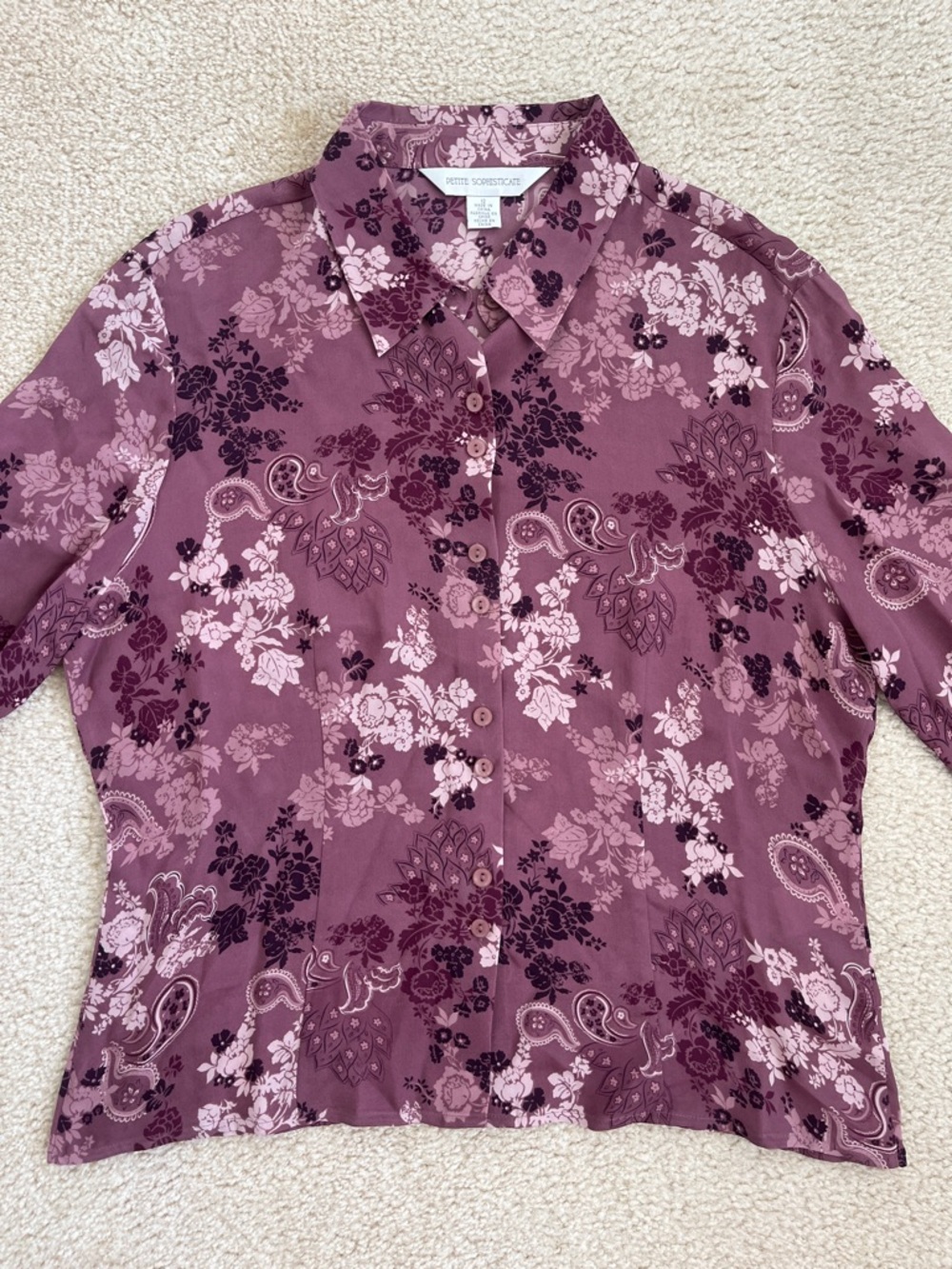 Petite Sophisticate Purple Floral Print Long Sleeve Button Down Silk Blouse 12
